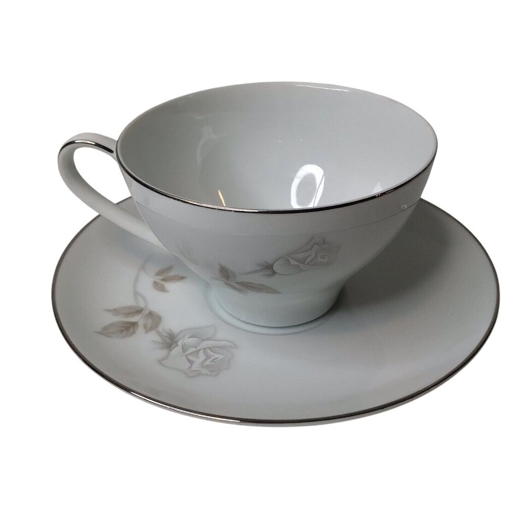 Noritake China Rosay Set 4 Flat Cups/Saucers #6216 Gray/White Roses Replacement